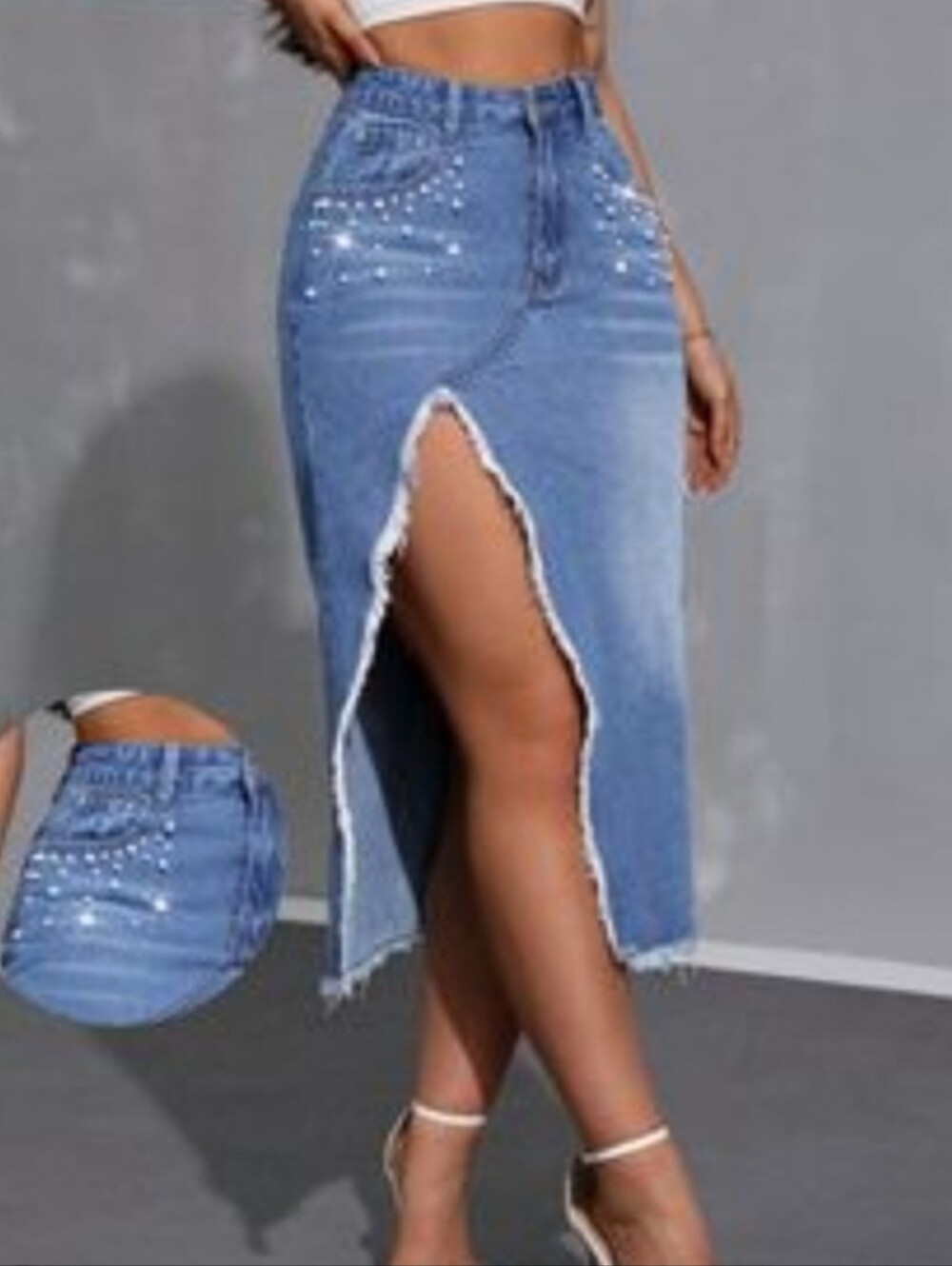 High-Slit Pearl Denim Midi Skirt - Light Blue